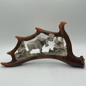 Resin Decor: Faux Antler Moose Carving with Rustic Alaskan Wildlife Scene
